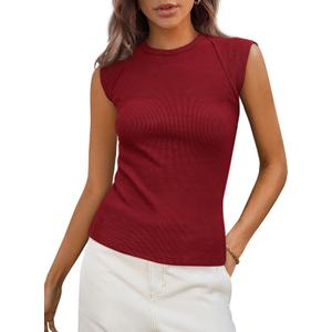 PRETTYGARDEN Women's Ribbed Tank Tops 2026 Summer Cap Sleeve Slim Fitted Knit Basic Casual Tee Shirts Trendy Fashion Clothes (Red, L)