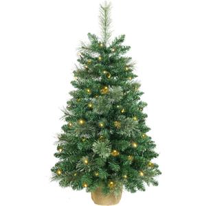 3ft Pre-lit Artificial Christmas Tree,100 PVC Branches Tips+20 Flowering Pine Needles+Burlap Wrapped Plastic Base,Battery Operated Green Xmas Tree for Tabletop or Desk