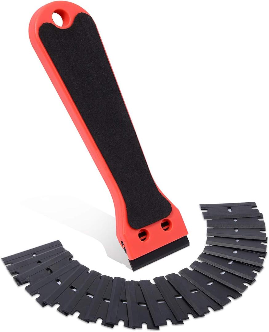 FOSHIO 6 Inch Plastic Scraper with 20 PCS Plastic Razor Blades, Scraper Tool for Sticker, Gasket, Label Remover (Red) (Black)