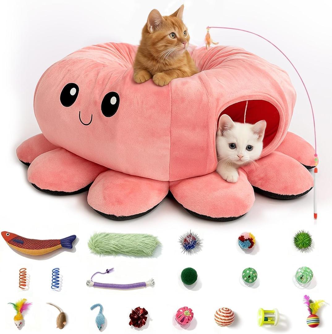 Cat Tunnel Bed with 20 Cat Toys, Collapsible Play Tunnel for Indoor Cats, Kitten Toys for Indoor Kittens, Octopus Shaped (Large, Pink)
