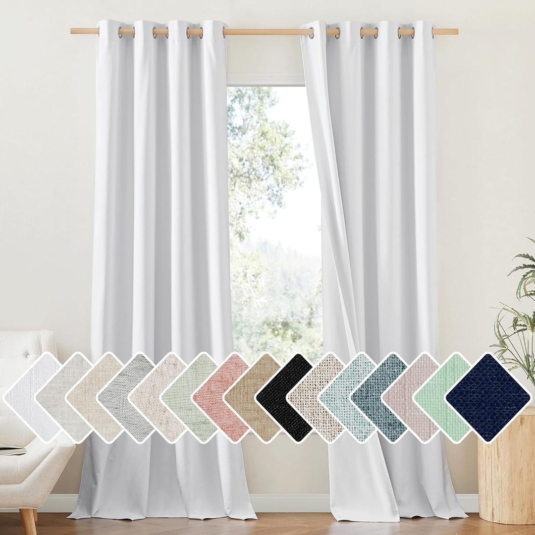 NICETOWN 100% Absolutely Blackout Linen Curtains with Thermal Insulated White Liner, White, 52 inches Wide, 108 inches Length Energy Saving Curtains for Living Room 2 Panels Set, Vertical Blinds