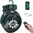 Camping Fan with Remote Control - 12000mAh Rechargeable Battery Powered Fan, Camping Fans for Tents with LED light & Hanging Hook, Rechargeable Battery Operated Ceiling Fans for Tent RV Bed, Green