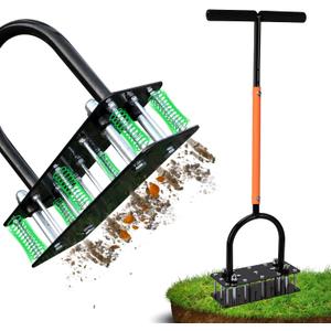 Lawn Aerator, Automatic Dirt and Leaf Clean Design, Heavy Duty Manual Lawn Aerator Tool with 15 Iron Spikes, Height Adjustable, Yard Grass Aerator for Lawn(Black with Orange)