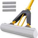 Masthome Sponge Mop,Roller Sponge Mop with 3 Absorbent PVA Mop Refills,Self Squeeze Sponge Mops and Stainless Steel Handle,PVA Sponge Mops for Floor Cleaning (Yellow)