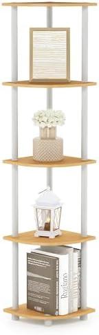 Furinno TURN-N-TUBE Corner Shelf, 5-Tier Corner Bookshelf, Open Storage Shelves, for Organization and Storage, Living Room, Home Office, Garage, Bedroom, Beech