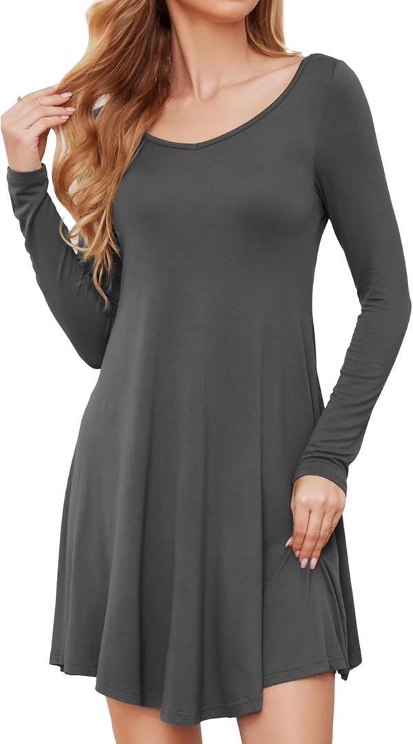 DEARCASE Women's T Shirt Dress Long Sleeve V-Neck Floral Print Casual Loose Flowy Swing Dresses (Gray, XXL)