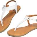 Rekayla Flat Thong Sandals with T-Strap and Adjustable Ankle Buckle for Women (White, Size 9)