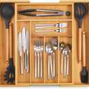 Masirs Expandable Bamboo Kitchen Drawer Organizer - Adjusts to Fit Drawer Size, Ideal for Silverware, Utensils, and Office Supplies, Durable Bamboo Construction (Brown)