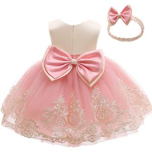 Toddler Girls Lace Bowknot Dresses Baby Embroidery Gown Dress with Headwear 120