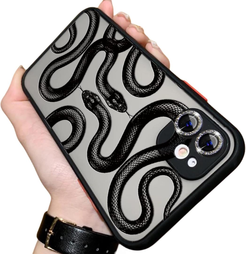 Compatible for iPhone 12 Case with Bling Camera Lens Protector Cute Fashion Luruxy Black Snake 3D Pattern Slim Shockproof iPhone 12 Case for Women Girls Men Boys