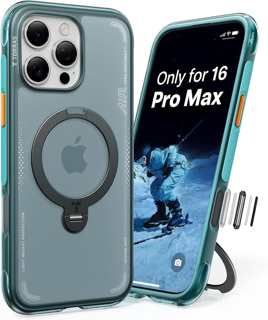 TORRAS Ostand Q3 Air for iPhone 16 Pro Max Case with 360 Magnetic Stand, Fit for MagSafe, Military Grade Drop Tested, Camera Control Button, Shockproof Phone Case for iPhone 16 Pro Max 6.9", Blue (Glacier Sprint)