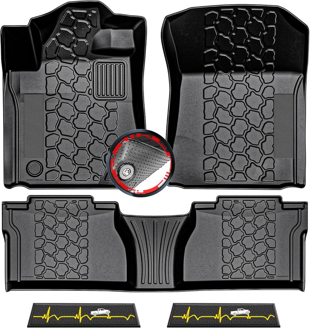 2014-2021 Toyota Tundra Double Cab/Crew Max Cab Floor Mats, All-Weather 3D Custom Fit Car Floor Liners for 1st & 2nd Rows, Anti-Slip Rubber Mats w/Detachable Weather Strips, Odorless & Easy to Clean