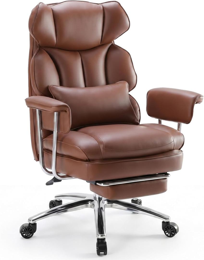 Sweetcrispy Executive Home Office Chair, Ergonomic Desk Chair
Big Tall High Back, Lumbar Support, Reclining Height Adjustable, PU Leather, Computer Gaming, Footrest Swivel Wheels, Brown