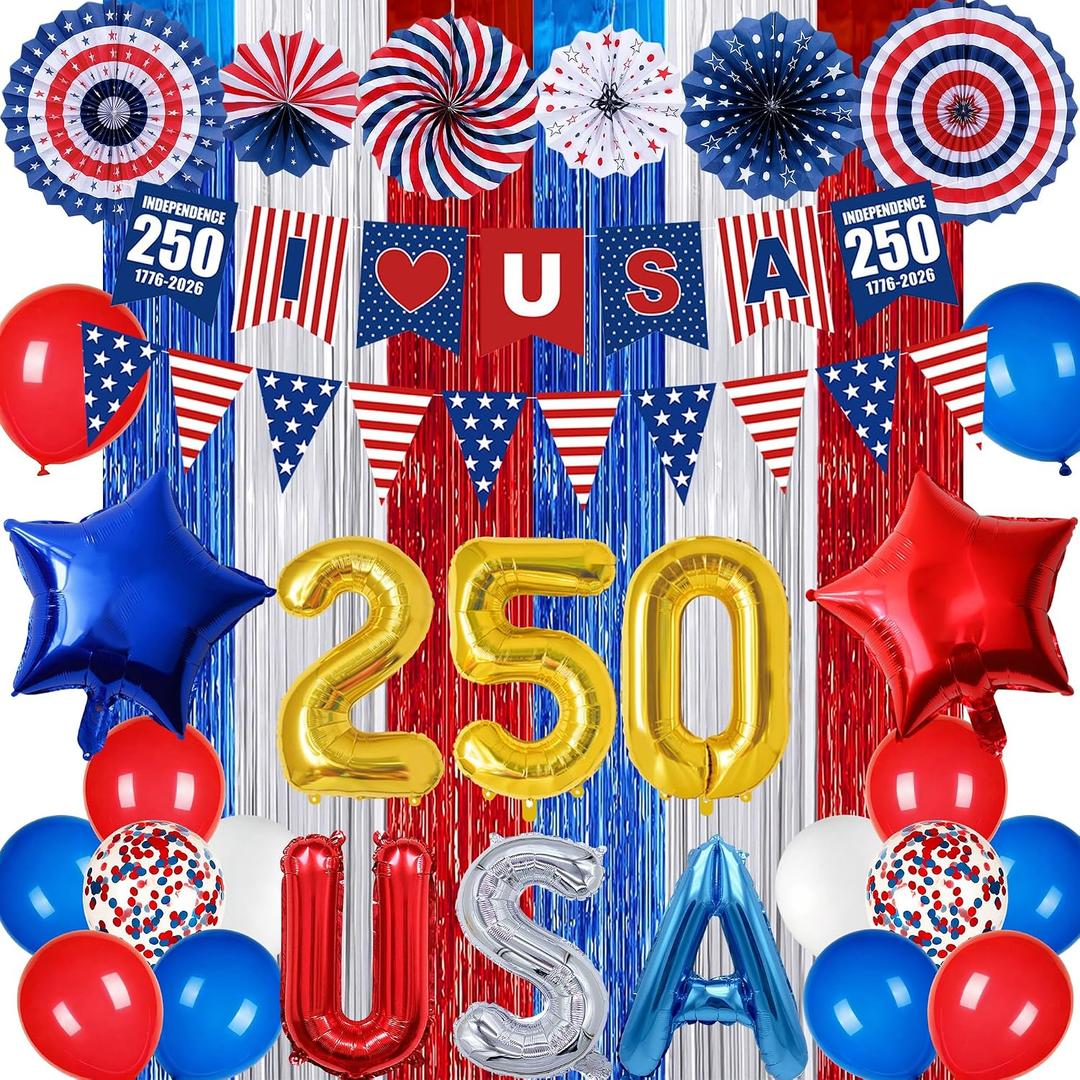 Trgowaul Patriotic Decorations 4th of July Decorations, 250th Anniversary American Red White Blue Decorations Set, LOVE USA Banner, Paper Fans Star Foil Fringe Curtains, 1776-2026 USA Party Supplies