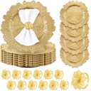 Dandat 100 Pcs Charger Plate Bulk 13'' Floral Reef Plates with Napkin Ring Plastic Dinner Charger Hollow Out Flower Napkin Holder Plastic Plate for Table Setting Wedding Party (Champagne Gold)