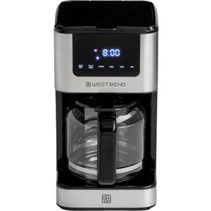 West Bend Drip Coffee Maker Brews Hot or Iced, Programmable with Brew Strength Selector Auto Shut-Off and 6 Functions Permanent Mesh Filter and Glass Carafe, 12-Cup, Metallic