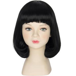 Funny Short Black Bob Wig with Full Bangs Halloween Cosplay Party Wigs, (Adjustable and breathable wig cap(19.7"-21.6") )