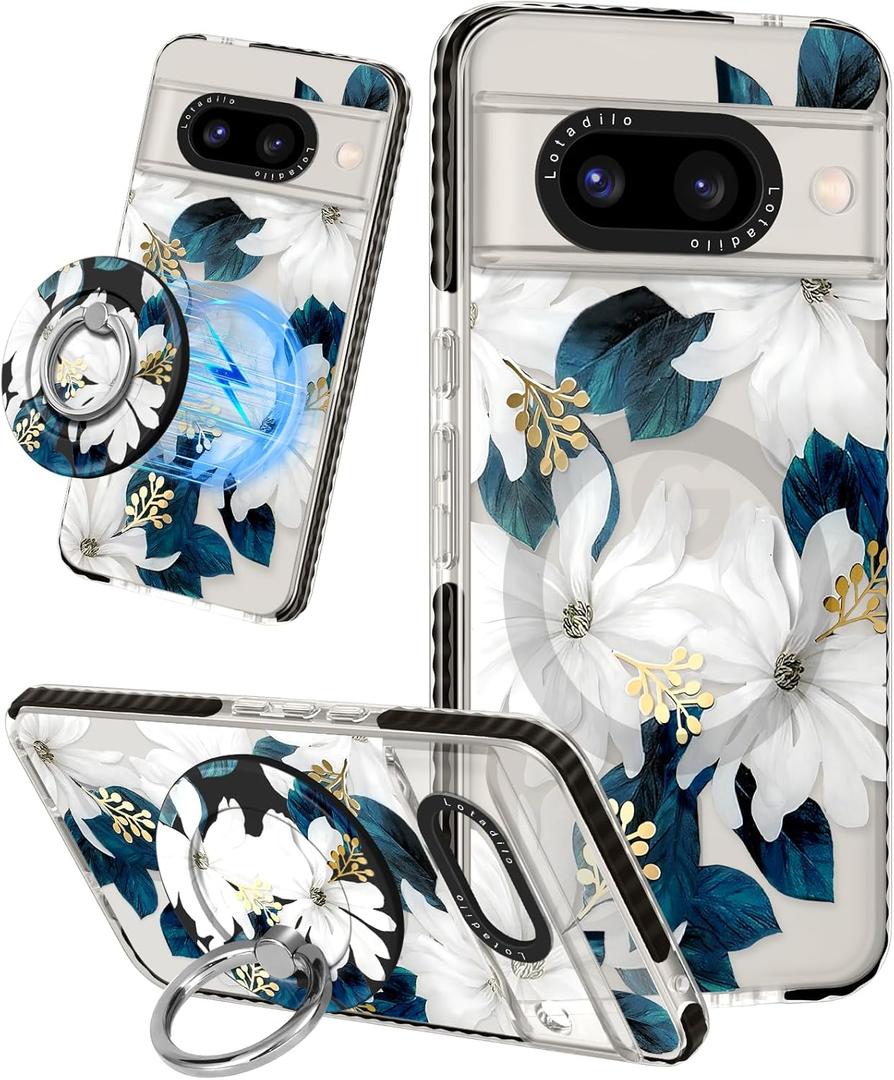 Lotadilo Cute for Google Pixel 8A Case - Compatible with Magsafe Magnetic Ring Holder Stand Kickstand for Women Girls Girly Funny Fashion Pretty TPU Phone Covers Blue Flower Design