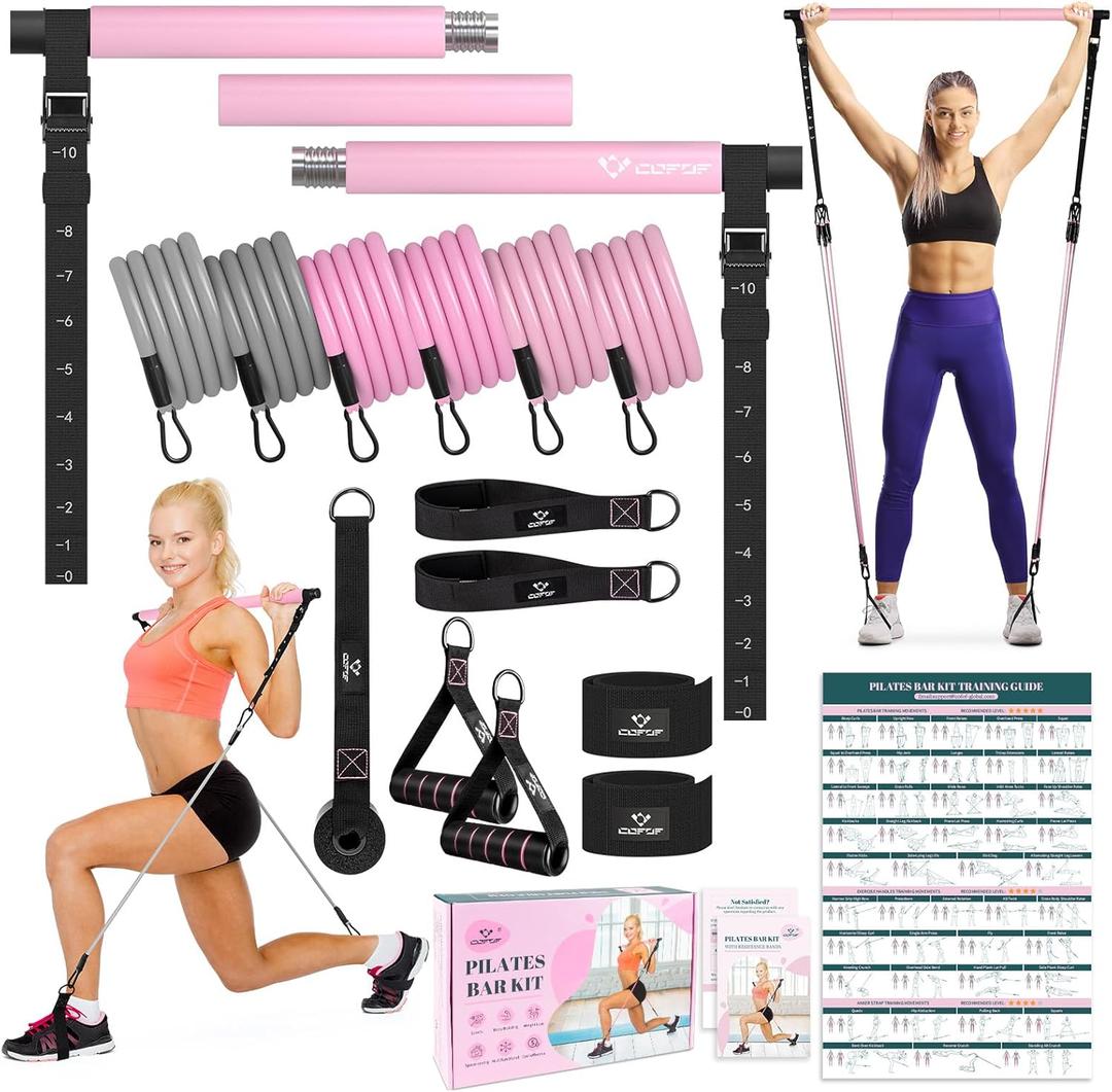 Pilates Bar Kit with Resistance Bands, Multifunctional Yoga Pilates Bar with Heavy-Duty Metal Adjustment Buckle, Portable Home Gym Pilates Resistance Bar Kit for Women Full Body Workouts (Pink)