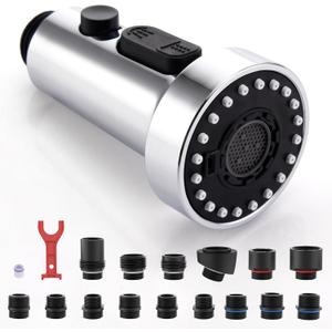 J-HVA Pull Down Kitchen Faucet Sprayer Head Replacement Part with 15 Connectors, 3 Function Pull Out Sink Sprayer Replacement Nozzle, Kitchen Faucet Head Hose Spray Tap Spout, Chrome