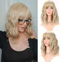 FAELBATY Blonde Wave Short Bob Wigs With Air Bangs Shoulder Length Wig For Women and Girls Curly Wavy Synthetic Cosplay Costume Wig (12" Mix Blonde and Gold)