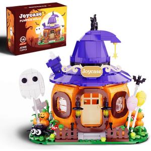 Halloween Pumpkin House Building Kit, Whimsical Halloween Building Set Dcor with Adorable Ghost and Pumpkin Toys, Cute Halloween Party Gift, Halloween Building Bricks Compatible with Lego