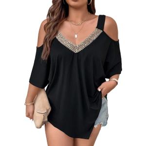 Verdusa Women's Plus Size Deep V Neck Cut Out Cold Shoulder Tee Shirt Black XL