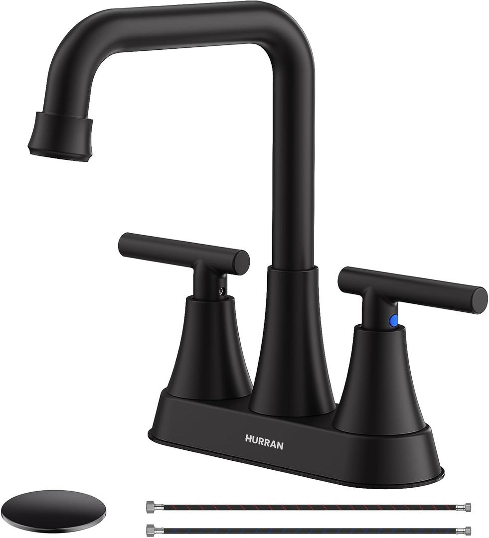 Matte Black Bathroom Sink Faucet, Hurran 4 inch Bathroom Faucets for Sink 3 Hole with Pop-up Drain and Supply Lines, Stainless Steel 2-Handle Centerset Faucet for Vanity RV Restroom