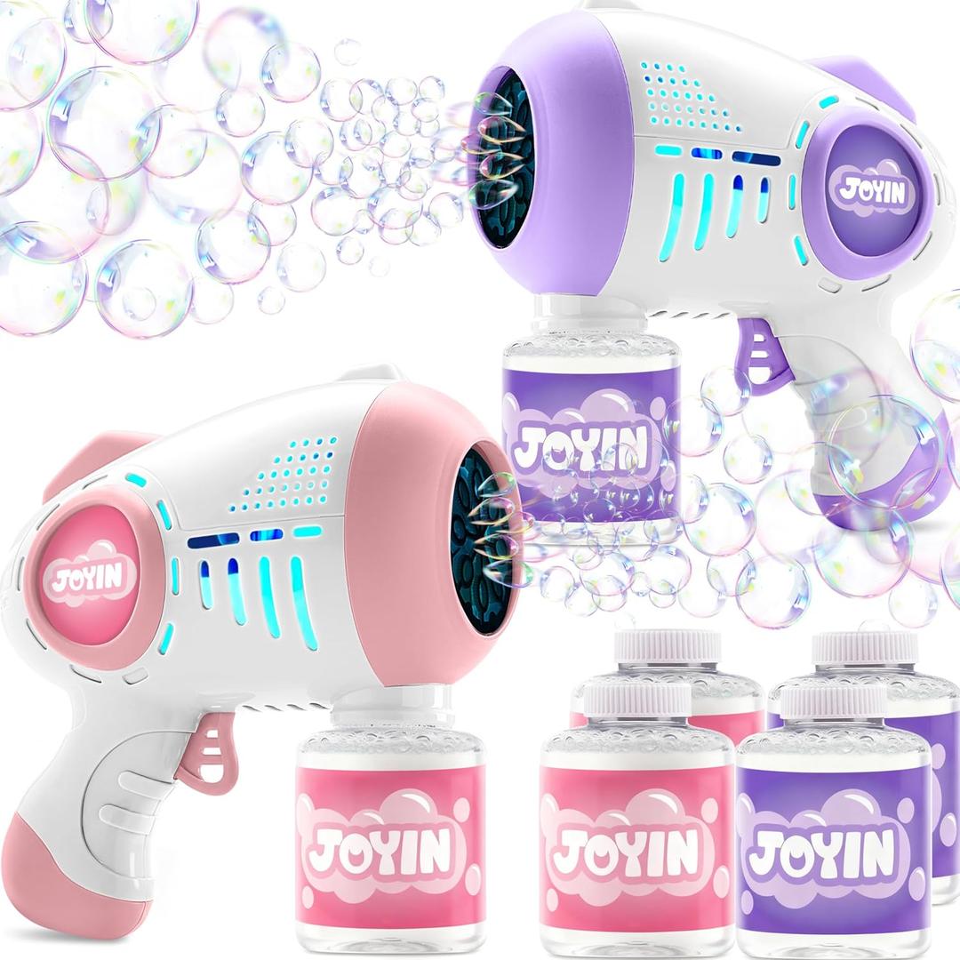JOYIN 2 Kids Bubble Guns with 4 Bottles Solution, Automatic Bubble Machine Gun with 8 Holes for Kids, Adults, Summer Toys, Easter Basket Stuffers, Birthday Gift, Party Favors-Purple Pink