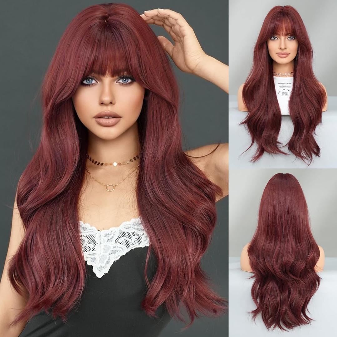 Long Wavy Wine Red Wig with Bang 28 Inch Burgundy Hair Synthetic Heat Resistant Wig Natural Maroon Dark Red Hair Heat Resistant Wigs for Women Daily Party Use