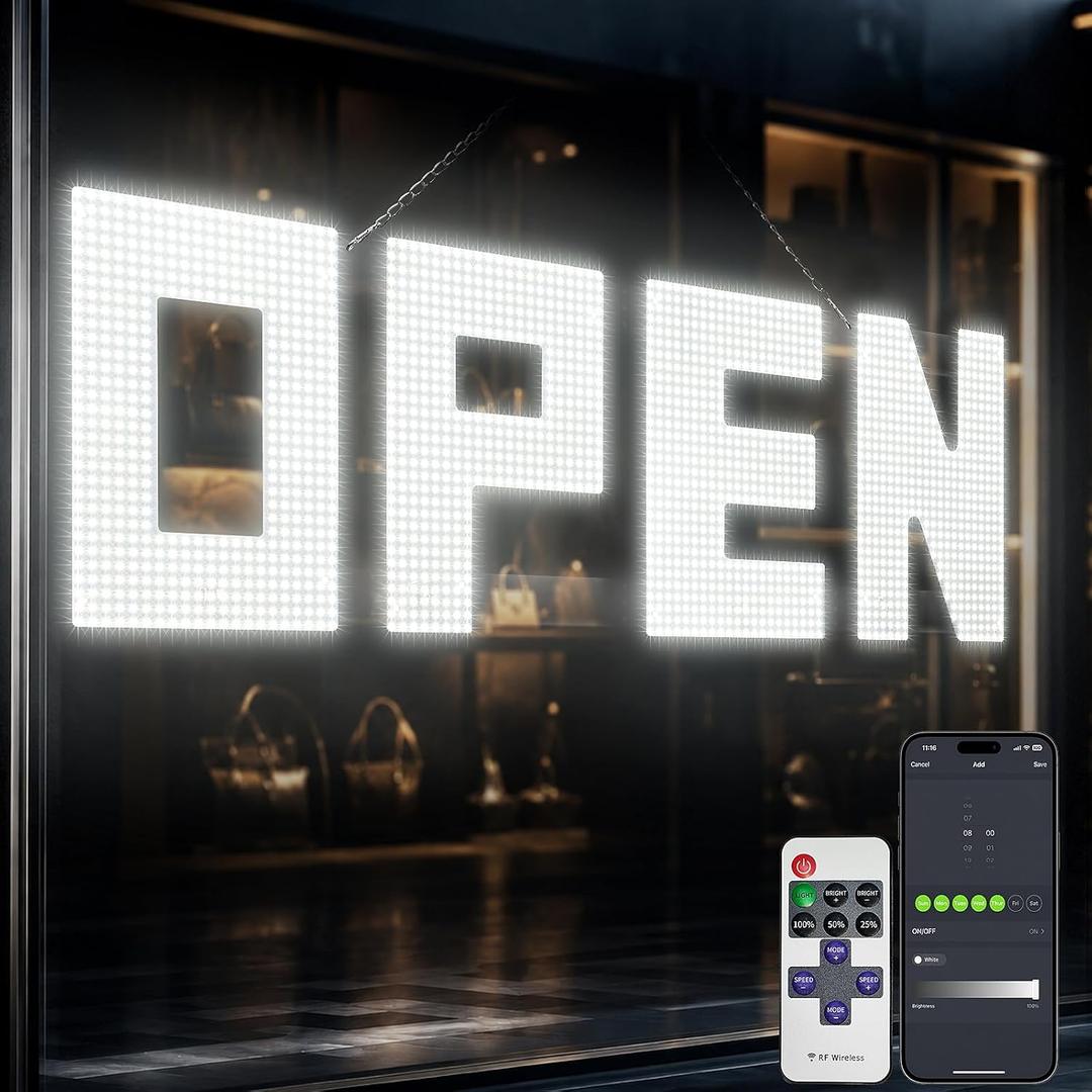 50"x17" Large LED Open Sign with Remote and Bluetooth App, Super Bright Open Signs for Business, Dimmable Big Open Sign for Storefront Window Bar Salon Cafes Retail Shops White