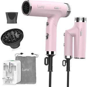 LURA Auto Dual Voltage Hair Dryer for International Travel,Travel HairDryers with Difffuser,Small Portable Blow Dryer for Women(Pink) Lightweight,Compact Mini Blowdryers with Folding Hand for Kids
