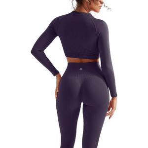 SUUKSESS Women 2 Piece Workout Sets Hidden Scrunch Hip Lifting Seamless Leggings Long Sleeve Yoga Crop Tops (Small, Violet)