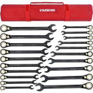 STARWORK TRUE MECHANIC 20 Pc. 120-Tooth Reversible Ratcheting Wrench Set, Combination Ratchet Wrench Set, Non-Slip, Long Pattern, 6-Point 15 Offset, Professional, SAE/Metric(5/16-3/4" & 8-19 mm)