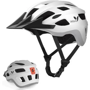 Veltuno Bike Helmet for Adults, Lightweight Mountain Bicycle Helmet with USB Rechargeable LED Rear Light, Removable Sun Visor for Women, Men, Suitable for Cycling and Commuting (White, Medium)