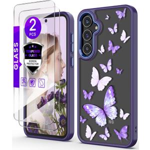 for Samsung Galaxy A35 5G Case+Tempered Glass Screen Protector,Military Grade Protective Slim Soft TPU & Hard PC,Girls Women Crystal Clear Flower Pattern Case Cover for A35 5G-Purple Butterfly