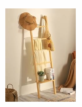 Taozun 66in Rustic Pine Wood Blanket ladder, Wall-leaning Farmhouse Display Towel Rack for Throw Quilt, Ladder Shelf, Blanket Storage for Living Room, Bathroom
