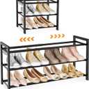 LANTEFUL Adjustable 18"-33" Expandable Shoe Rack for Closet 12 Pairs Small Spaces 3 Tier Shoe Organizer with 5 Hooks Metal Shoe Shelf for Entryway, Bedroom