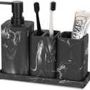 ZCCZ Black Bathroom Accessory Sets, 4 Pieces Bathroom Accessories Complete Set Vanity Countertop Accessory Set Marble Look, Includes Lotion Dispenser Soap Pump, Tumbler, Toothbrush Holder and Tray (Black Marble Look)