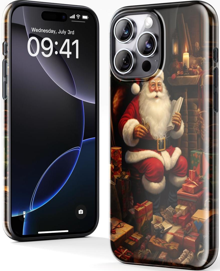 Christmas Phone Case for iPhone 16 Pro Max - Wireless Charging Compatible - Dual-Layer Hard Shell + Silicone Cover - Protective Cover with Cutee Designs for Women - Santa Claus Gives Gifts