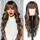 NAYOO Brown Wigs with Bangs for Women Long Curly Wavy Hair Wigs Heat Resistant Synthetic Fiber Wigs for Daily Party Use 24 Inches (Dark Brown Mixed Chestnut)