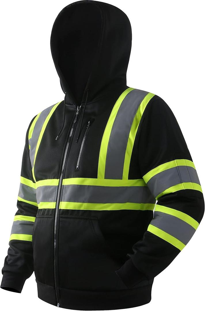 JKSafety Hi-Vis Safety Sweatshirt for men women High Visibility Zip-Up Hooded Sweatshirt Hoodie work utility Reflective Strips with Extended Trims (JK121-Black,L)