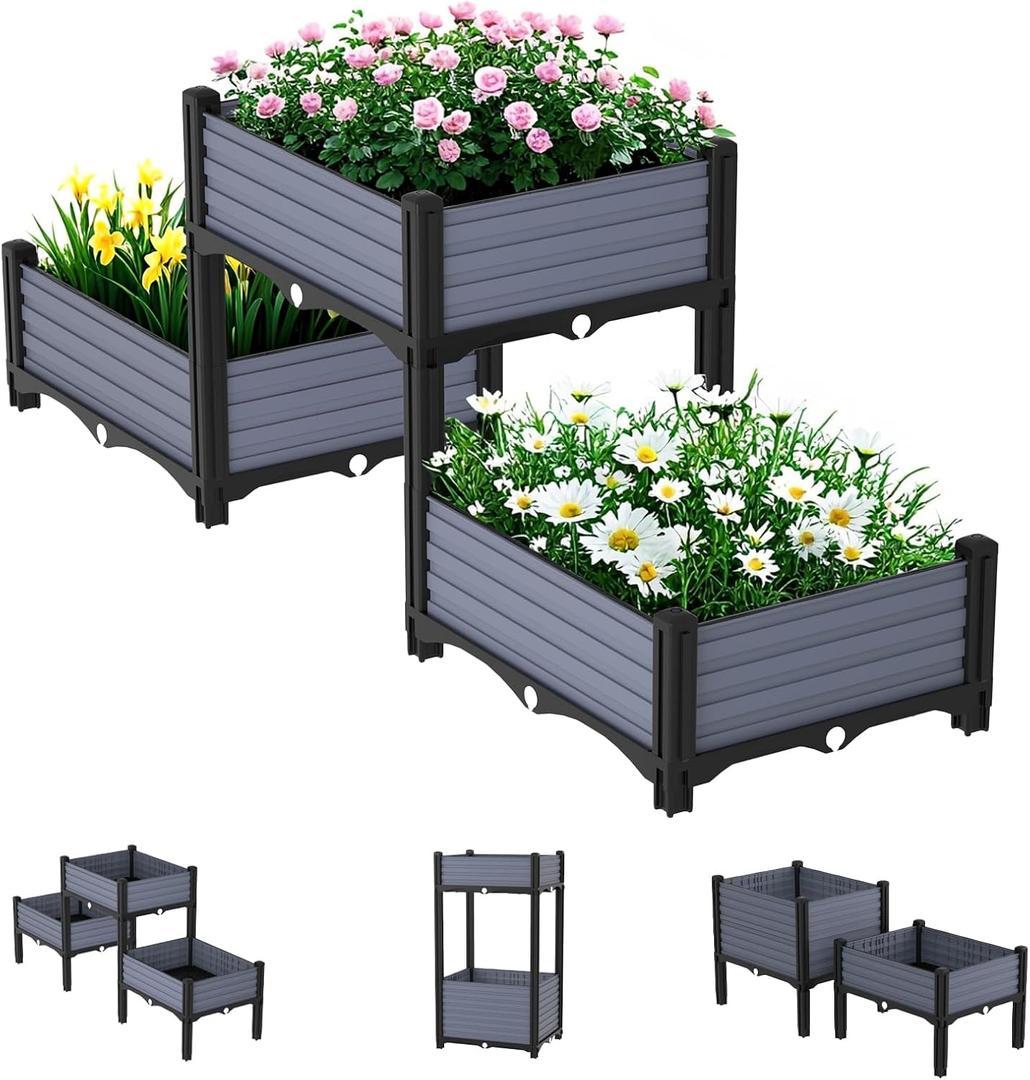 Planter Box Raised Garden Bed with Reinforced Support Rods, Drainage Grid, Multi-Combination Options for Vegetables, Flowers, and Herbs, Ideal for Balcony, and Patio Gardening (Black/Gray)