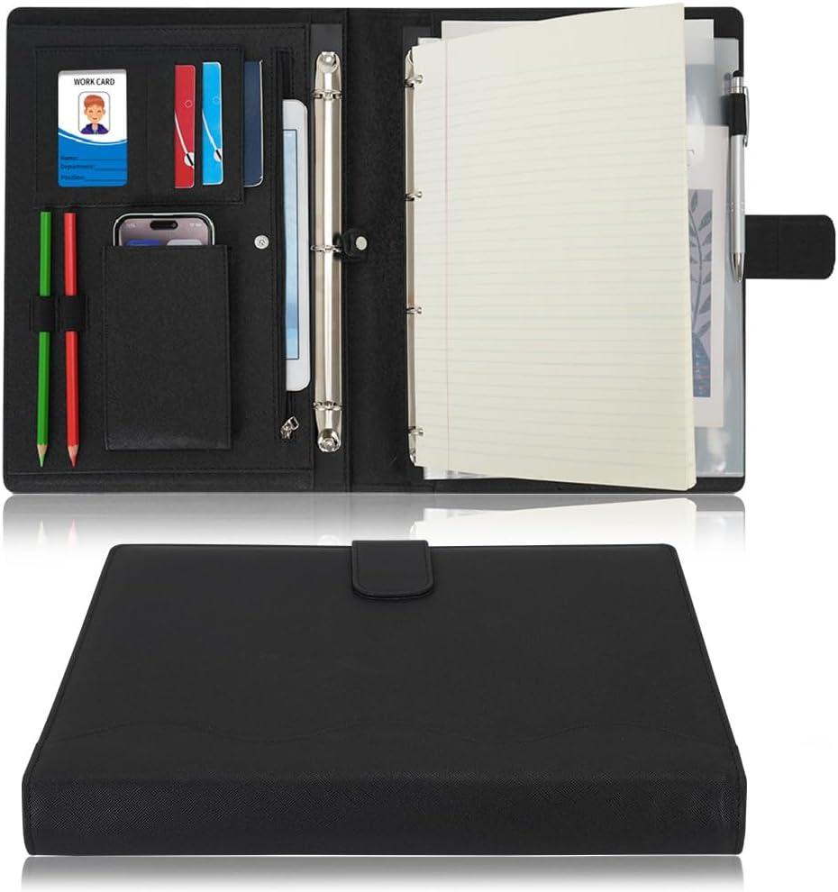 Wonderpool A4 PU Leather 3 & 4 Ring Holder Writing Portfolio Multi Document Case with Removable Binder Clipboard and Functional Pocket for Organizer Office Travel School (Black)