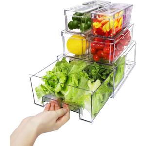 YINGRACE 7 Pack Fridge Organizer Bins, Stackable Refrigerator Organizers and Storage, With a Pull-out Drawer, BPA-Free Clear Containers For Fruit, Vegetable, Drinks