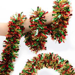 50 Ft Green Red Gold Christmas Tinsel Garland Metallic Twist Shiny Hanging Garland for Christmas Tree Decorations Xmas Holiday Indoor Outdoor Party Supplies Decor