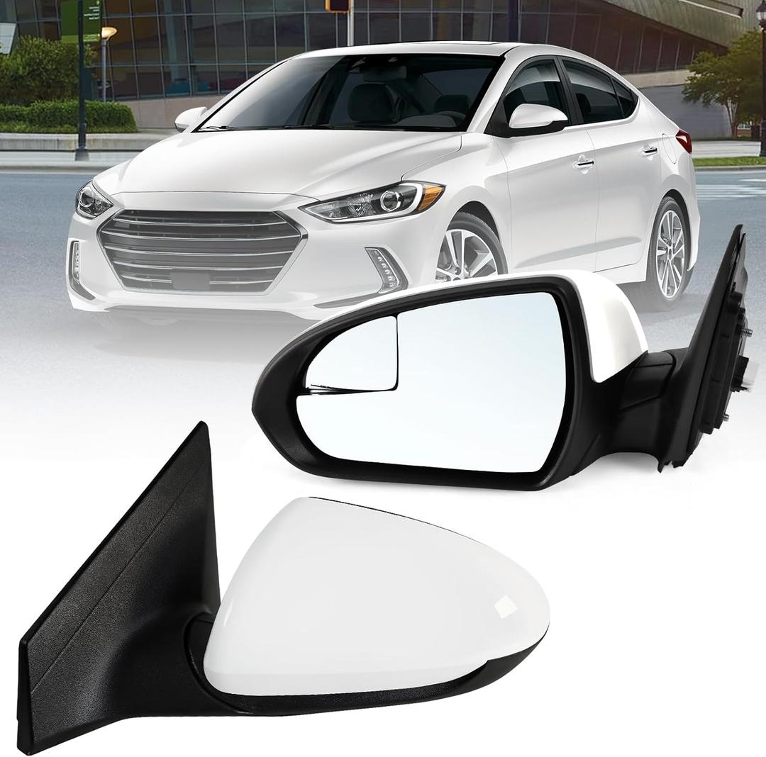 Left Driver Side Mirror Assembly Fits 2017 2018 2019 2020 Hyundai Elantra with Power Glass Blind Spot Glass and Manual Folding without Heated Turn Signal Match to White (3Pins)