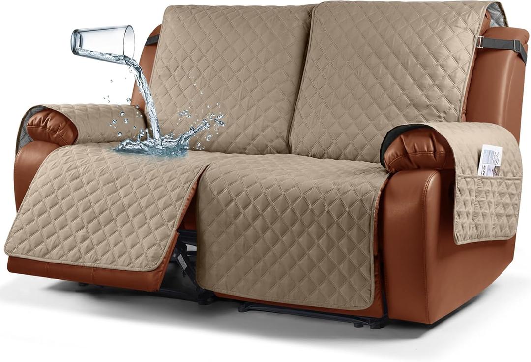 Ruaozz Waterproof Recliner Sofa Cover 1-Piece Couch Covers for Reclining Couches Reclining Sofa Cover Washable Furniture Protector with Elastic Straps Pocket for Kids, Pets (Khaki, XL 2 Seater)