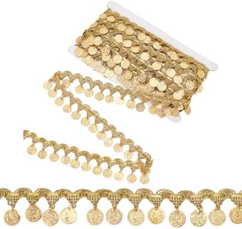 OLYCRAFT 10 Yards Gold Coin Shape Sequin Tassel Trim Sequins Lace Tassel Fringe Trim 1.6 Inch Width Sequins Tassel Lace Ribbon Fringe Dance Dress Belt Chain for Clothes Decoration Party Accessories
