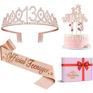 13th Birthday Decorations for Girls, Including 13th Birthday Crown/Tiara, Official Teenager Sash and Cake Topper, Number Candles, 13 Year Old Girl Gifts